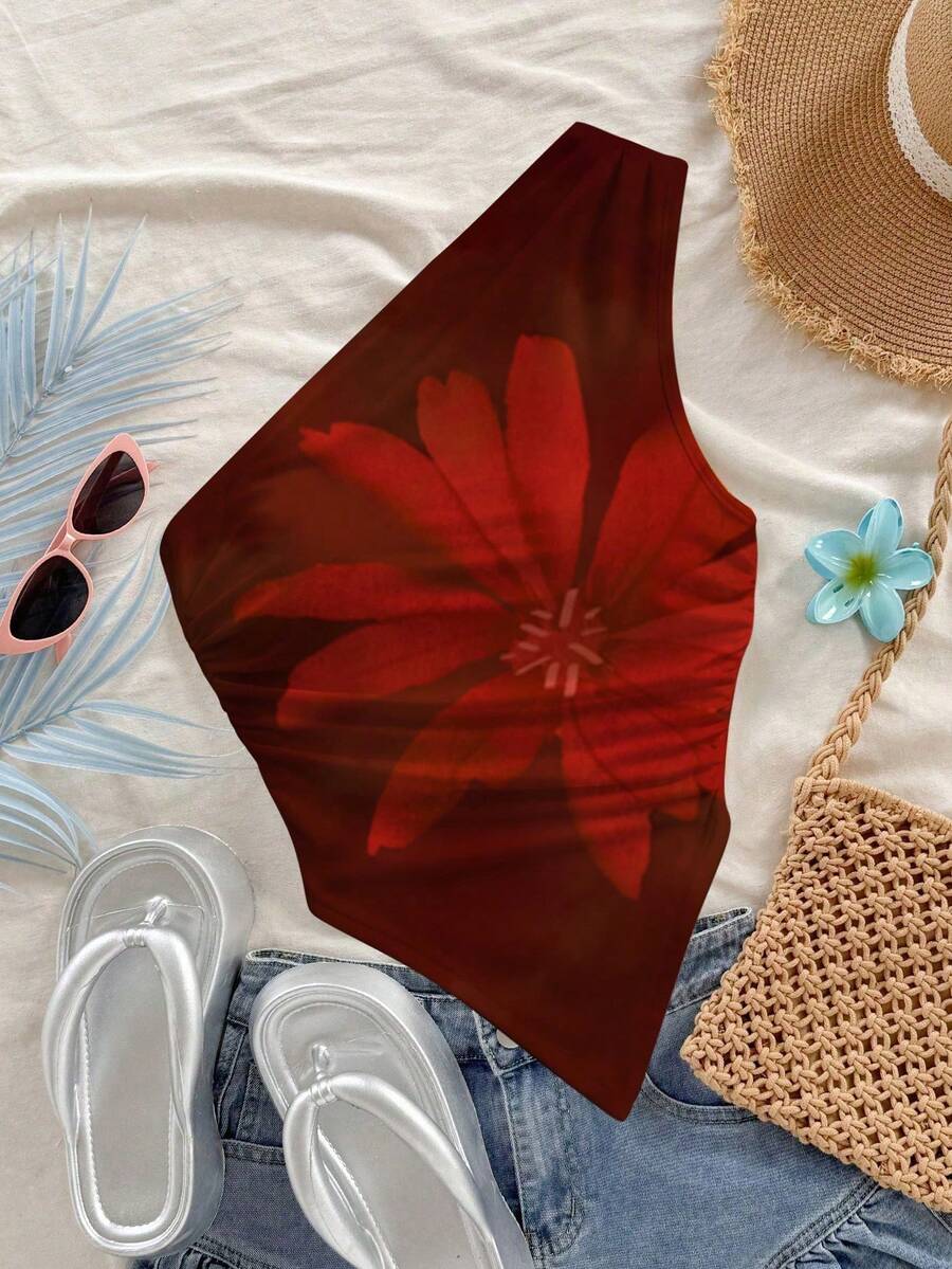 Camiseta de tirantes casual de verano con ajuste entallado, fruncido y bajo asimétrico, estampado floral naranja grande, talla grande - Rojo y negro - Ver 1