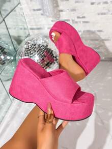 Sandal Platform Wedges Remaja, Sandal Kasual Liburan Musim Panas untuk Pelajar, Warna Polos, Serbaguna, Model Mule dengan Ujung Terbuka, Sandal Selop Platform yang Menambah Tinggi Badan - Rose Red - View 2