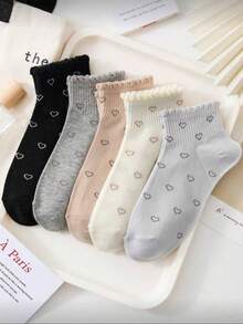 5 pares de calcetines de tobillo con encaje con diseño de corazón para mujer - Blanco - Ver 5