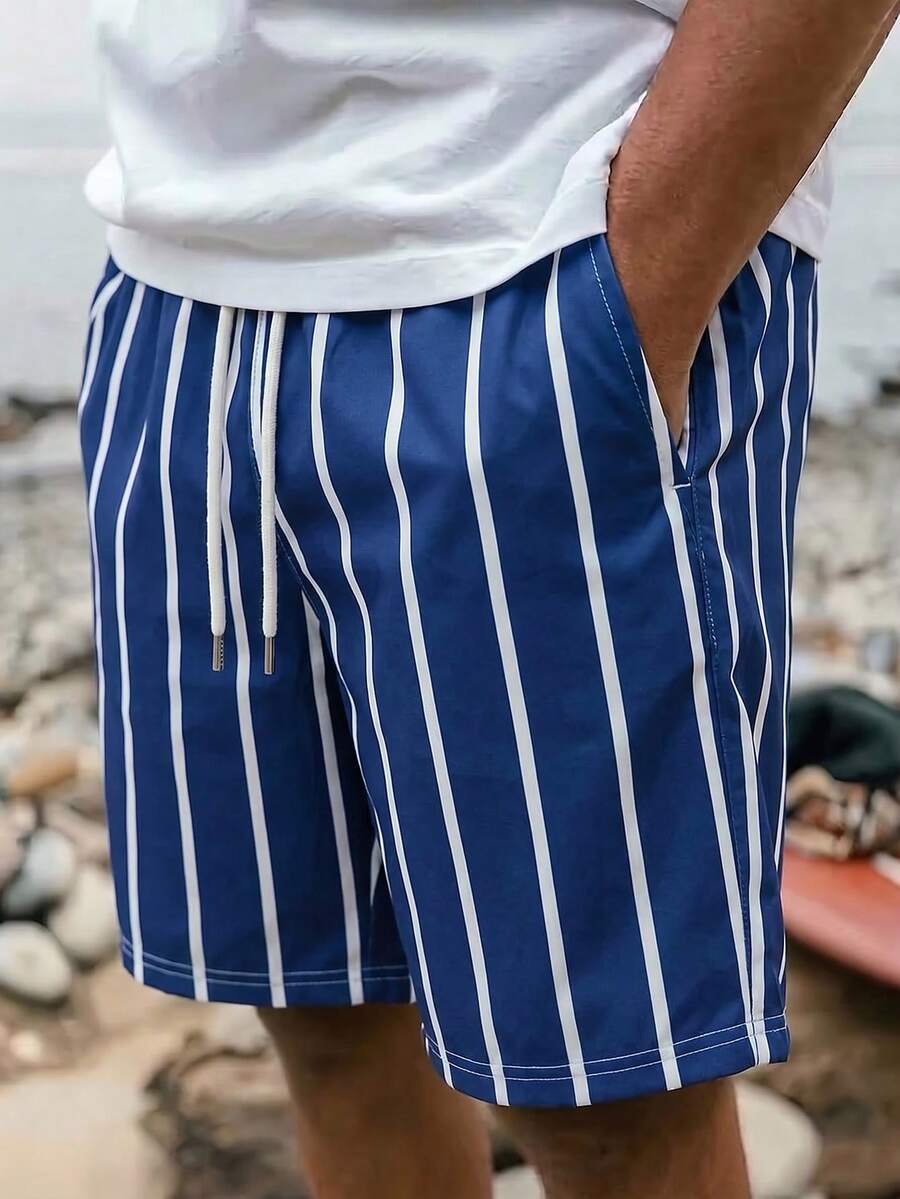 Pantalones cortos casuales de playa a rayas con cordón para hombres, verano - Azul Marino - Ver 1