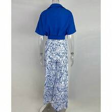 Conjunto blusa y pantalón ancho primavera, cuello V con estampado - Azul - Ver 5