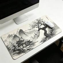 水墨風景藝術滑鼠墊 遊戲滑鼠墊 黑白風格 大號滑鼠墊 適用於鍵盤，防滑且帶縫線邊緣，鍵盤墊 桌墊 適用於居家辦公室和學校 - 查看 1