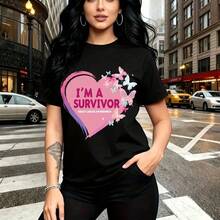 Camiseta de mujer con estampado de corazón rosa y mariposas que dice "I'M A SURVIVOR" para concientización sobre el cáncer de mama - camiseta casual de manga corta con diseño inspirador y mensaje de esperanza, ajuste cómodo y moderno, estilo urbano y - Negro - Ver 7