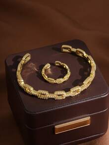1pc Fashion Cubic Zirconia Asymmetrical Decorative Ring Bracelet Set - Gold - View 6