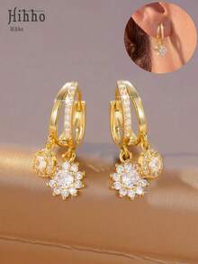 Hihho 1 Pair Double-Layer Diamond Hoop Earrings With Sunflower And Round Diamond Pendant, Unique Design, Luxurious And Graceful Charm, Elegant Jewelry Earrings For Work And Formal Occasions - Double Drop Earrings - View 1