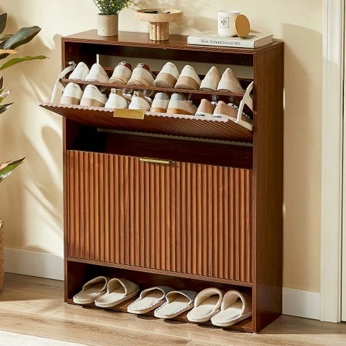 80 X 24 Cm Shoe Cabinet With Grooved Front – Height Adjustable With Anti-Tip Device And Decorative Table For The Hallway, In Walnut Look - 核桃 - 查看 1