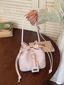 low tea 1 buah Tas Selempang Modis Bahan PU Warna Polos dengan Penutup Tali Serut, Motif Polkadot, Cocok untuk Penggunaan Sehari-hari Wanita - Baby Pink - View 5