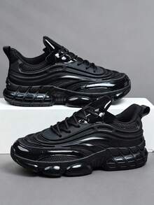 Men's 2026 Newest All Black Thick Sole Chunky Sneakers, Height Increasing Shock Absorbing Breathable Mesh Sports Shoes, Streetwear Versatile Men's Shoes, Leather PU Mesh Splicing Marathon Running Shoes, Men's Plus Size 46 Shoes, Youth Handsome Men's Shoes - Black - View 11