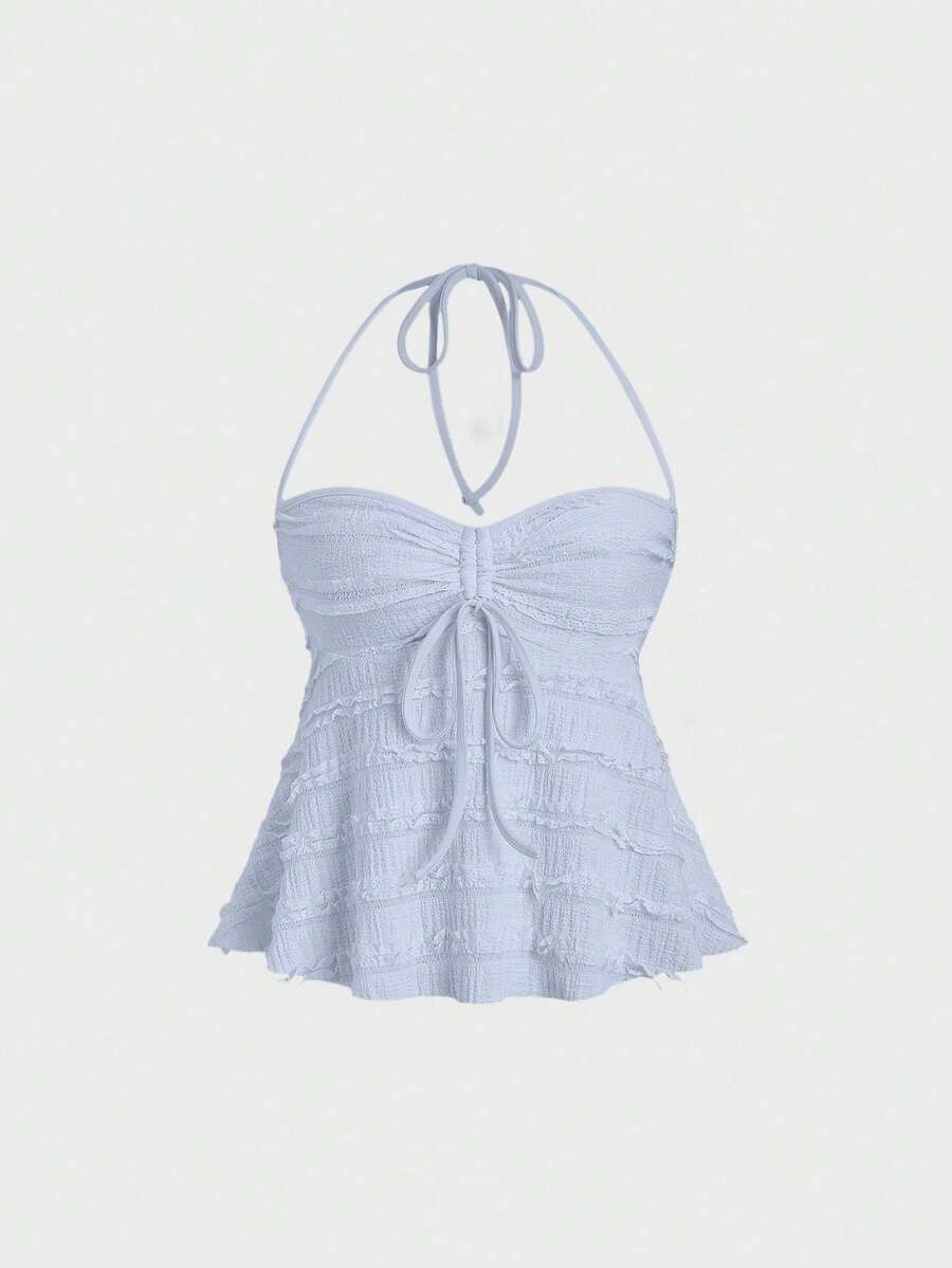 Casual Solid-Color Tank Top With Drawstring And Front Knot, Summer - Blue - View 1