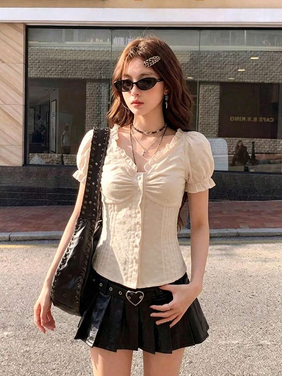 女款純色抽褶下擺短袖透氣鏤空百褶開襟修身上衣 夏季 - 杏色 - 查看 1