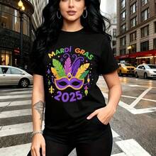 Camiseta de mujer con estampado festivo de "Mardi Gras 2025" y máscara colorida - camiseta casual de manga corta con ajuste cómodo y estilo urbano moderno, perfecta para celebrar el Día de Muertos en la ciudad - regalo ideal para mamá, esposa, novia, - Negro - Ver 7