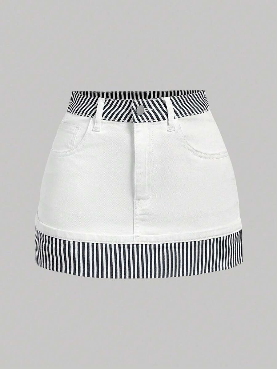 Qadelle Fashionable Striped Belted Denim Mini Skirt For Summer, Versatile - Blanco - View 1