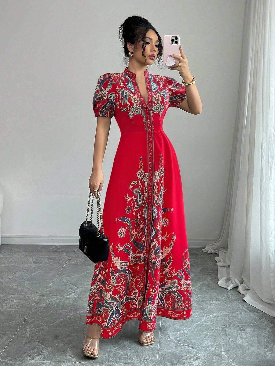 Vestido elegante de línea A con estampado digital de retazos, cuello en V profundo y cintura ceñida, color albaricoque, adecuado para cenas formales, citas y bodas de mujeres (estampado de colocación) - Rojo 2 - Ver 1