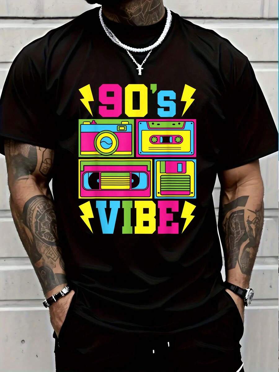 100% Cotton 90's Vibe Retro 1990s 90s Style Party Outfit Men Women T-Shirt Short Sleeve T-Shirt Women's Men's Causal Tops - 黑色9 - 查看 1