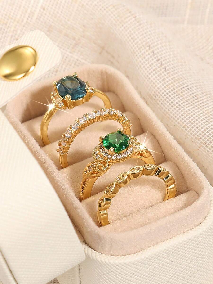 4pcs Cubic Zirconia Stone Ring Set With Gift Box, Suitable For Women, Applicable For Wedding, Engagement, Anniversary Party, Jewelry Valentine's Day Gift - 1# - View 1