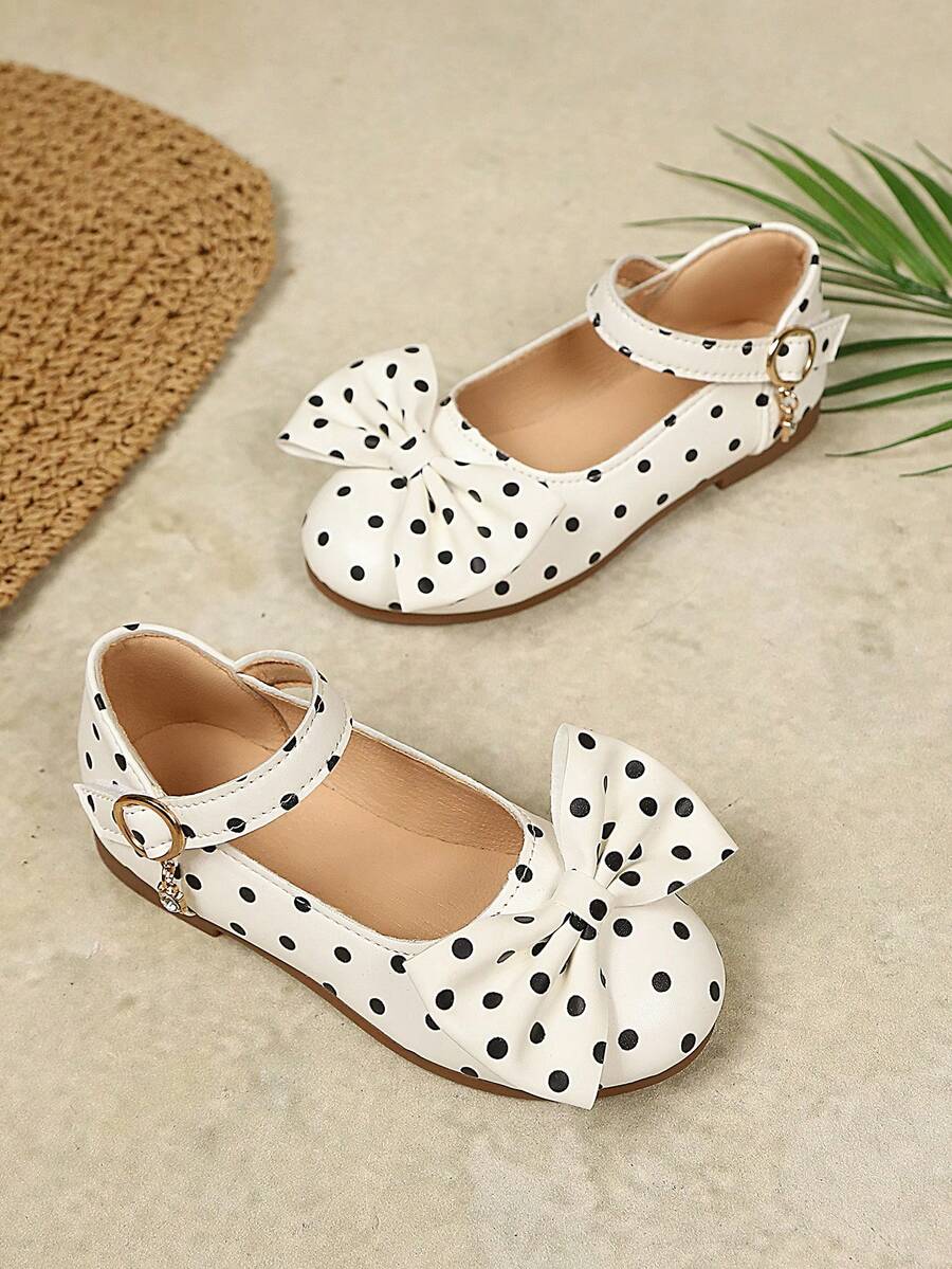 Zapatos Mary Jane blancos con lunares y lazo para niñas, suela blanda antideslizante con una sola correa, zapatos de princesa versátiles para primavera/otoño, zapatos de caminar para jardín de infancia, transpirables con superficie suave, zapatos casuales para niños - Blanco - Ver 1