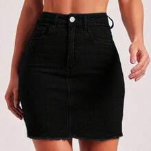 Falda vaquera negra casual de cintura alta con flecos - Negro01 - Ver 1