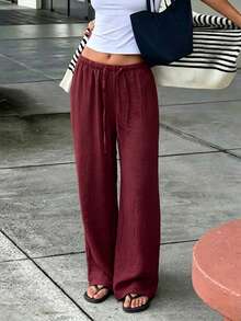 Women's Loose Drawstring Waist Wide Leg Pants, Lightweight Breathable Casual Trousers, Summer - Burgundy - View 2