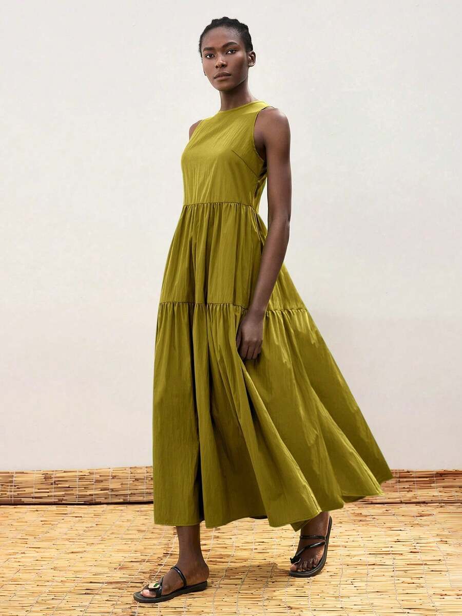 xheMaija Vestido casual de vacaciones con diseño de volantes escalonados oversize para mujer, vestido cómodo con cuello redondo, división horizontal, patchwork y fruncido, atuendo bohemio de playa, vestido casual elegante para mujerxhe - Verde - Ver 1