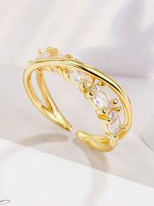 1pc Vintage Geometric Line Cross Ring With Rhinestone – Open Adjustable Retro Sparkling Zirconia Band, Statement Summer Holiday Jewellery For Women - Yellow Gold - View 3