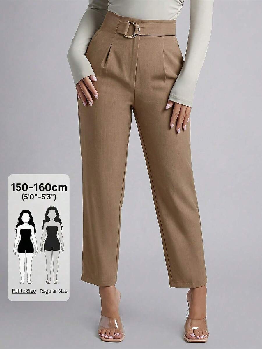 PETITE Pantalones negros casuales de cintura alta con detalles plisados y cinturón - Marrón Mocha - Ver 1