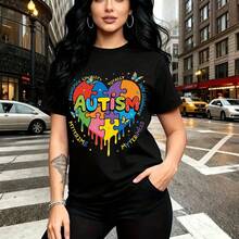 Camiseta de mujer con estampado vibrante de conciencia sobre el autismo en forma de corazón y rompecabezas multicolor - camiseta casual de manga corta con ajuste cómodo y moderno, estilo urbano y solidario - ideal para paseos por la ciudad, eventos d - Negro - Ver 11