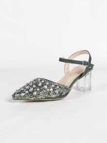 Giày sandal cao gót nữ, đính đá lấp lánh, sandal một quai khoét rỗng, sandal đế dày đính pha lê, sandal nhẹ và thoải mái. Sandal cao gót gợi cảm, quyến rũ, thanh lịch, phù hợp cho đám cưới, tiệc tùng, bãi biển, hoạt động ngoài trời, đi làm, dã ngoại, ngày Valentine. - Màu xanh lá cây đậm - Xem 8