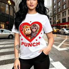 Camiseta de mujer con estampado de dos monos dentro de un corazón rojo y la palabra PUNCH en letras mayúsculas - camiseta casual de manga corta con diseño gráfico divertido, ajuste cómodo y moderno, estilo urbano ideal para pasear por la ciudad o sal - Blanco - Ver 7