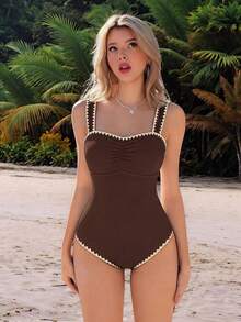 Swim Mod Traje de baño de una pieza de unicolor y elegante con acanalado, atuendo de playa para el verano - Marrón - Ver 1