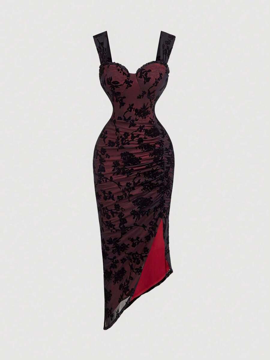 MOD Vestido con estampado floral, plisado y dobladillo asimétrico con abertura, vestidos en tonos pastel para mujer - Rojo y negro - Ver 1