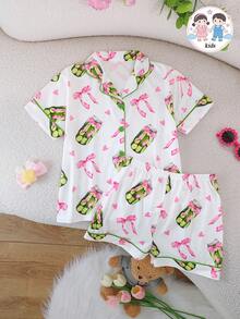 2pcs/Set Tween Girl Summer Casual Pickle Jar & Bow Pattern Print Lapel Short Sleeve Cardigan And Shorts Pajama Set Flame Retardant All Season Girls Mid-To-Older Children - White - View 1