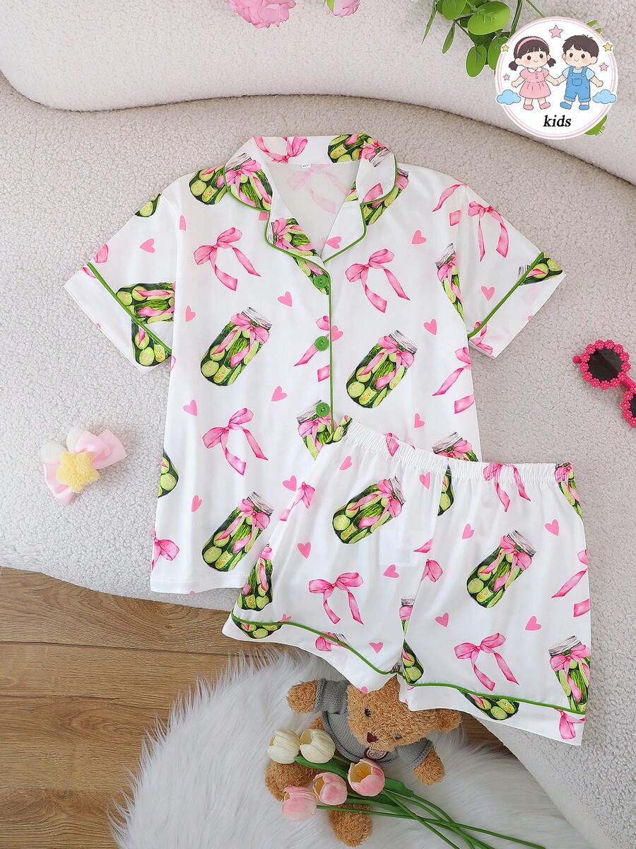 2pcs/Set Tween Girl Summer Casual Pickle Jar & Bow Pattern Print Lapel Short Sleeve Cardigan And Shorts Pajama Set Flame Retardant All Season Girls Mid-To-Older Children - White - View 1