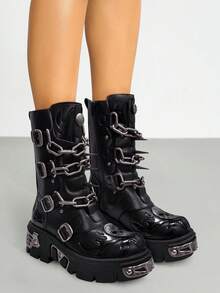 AYUSTONG Women's Y2K Style Punk Rock Platform Sneakers, Solid Color Buckle Mid-Calf Boots, Non-Slip Rubber Sole, Comfortable Low-Top Round Toe Design With Thick Sole Motorcycle Boots - Black - View 3
