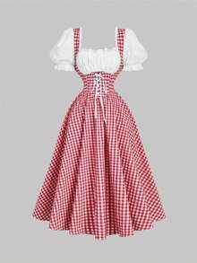 xheSHEIN MOD Vestido de mujer con estampado floral retro patchwork, vestido de primavera, atuendo de vacaciones para mujer, ropa de playa, vestido bohemio para mujer, estilo old moneyxhe - Rojo y blanco - Ver 1