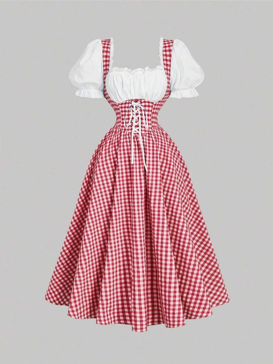 xheSHEIN MOD Vestido de mujer con estampado floral retro patchwork, vestido de primavera, atuendo de vacaciones para mujer, ropa de playa, vestido bohemio para mujer, estilo old moneyxhe - Rojo y blanco - Ver 1