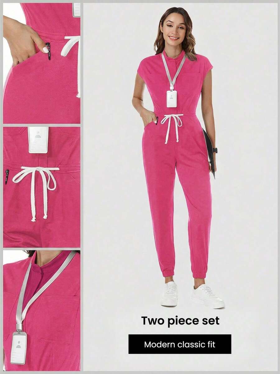 TaskEZ Uniforme de enfermera quirúrgica de mujer TaskFit, bata de enfermera, uniforme de trabajador de salud con estampado de escarcha, mono con mangas de hombro, 4 bolsillos y cordón en la cintura - Rosa Fucsia - Ver 1