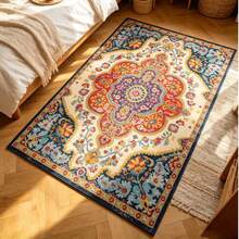 1pc Red Blue White Color Block Retro Bohemian Pattern Crystal Velvet Rug, Thickened Carpet, Thick Rug, Fuzzy Carpet, Autumn Winter Carpet, Thickened Carpet, Decorative Rug, Bedroom Decor, Small Rug, Carpet, Home Decor, Living Room Carpet, Living Room Small Rug, Bedroom Carpet, Living Room Home Decor, Outdoor Carpet, Washable Carpet - Multicolor - View 2