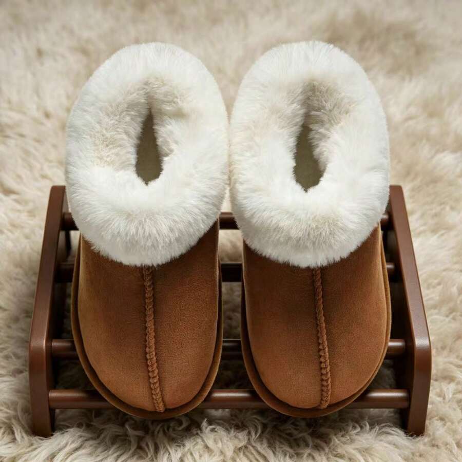 Fashion Fully Covered Heel Rabbit Fur Fluffy Women's Thermal Slippers, Women's Favorite Autumn/Winter Indoor Home Winter Shoes Slippers, Outer Layer Suede Fleece Fabric, Women's Autumn/Winter Indoor Outdoor Warm Home Slippers - Khaki - View 1