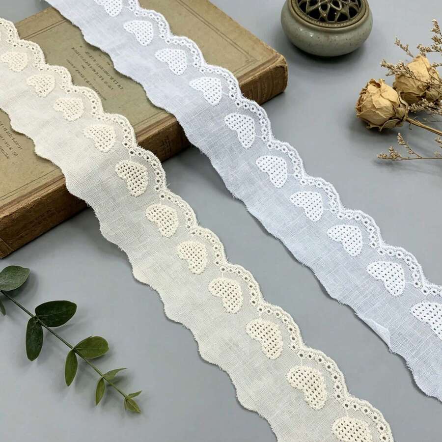 復古心形棉質蕾絲邊緞帶 4.2cm 白色米色刺繡飾邊,適用於圍裙、袖口、窗簾縫製裝飾 4Y 16Y - HB830 - 查看 1