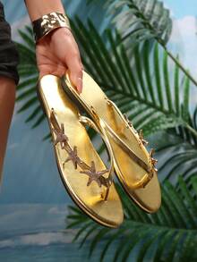 New European And American Summer Starfish Decor Flip Flops, Women Flat Thong Sandals, Beach Holiday Casual Flat Slippers - Gold - View 5