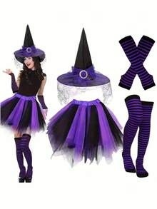 Disfraz de Bruja Púrpura & Negro para Mujer, Conjunto de Cosplay de Halloween, Incluye Falda de Tul, Sombrero de Bruja, Calcetines a Rayas & Mangas para Brazos, Atuendo de Carnaval, Mascarada, Cosplay, Halloween, Fiesta Temática, Accesorio de Fotografía - Multicolor - Ver 3