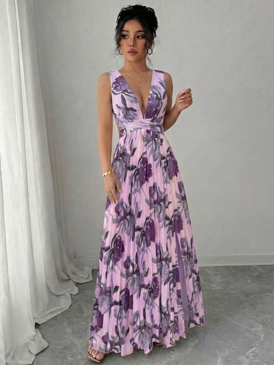 a Vestido elegante y romántico para mujer con cuello en V sin mangas, cintura hueca, plisado en línea A y estampado floral - Multicolor 10 - Ver 1
