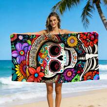 1pc Day Of The Dead Sugar Skull Floral Print Beach Towel, Sand Free Quick Dry Absorbent Microfiber Pool Towel, Lightweight Summer Travel Swimming Beach Accessory - L - View 2