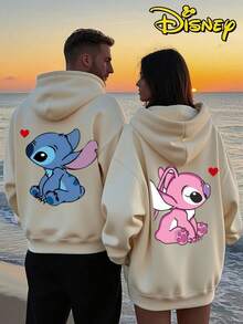 Couples Disney Lilo & Stitch Stitch And Angel Print Hooded Sweatshirt, Casual Loose Streetwear Hoodie, Sold As Single Piece 1pcs - Quả mơ dành cho nam giới - Xem 1