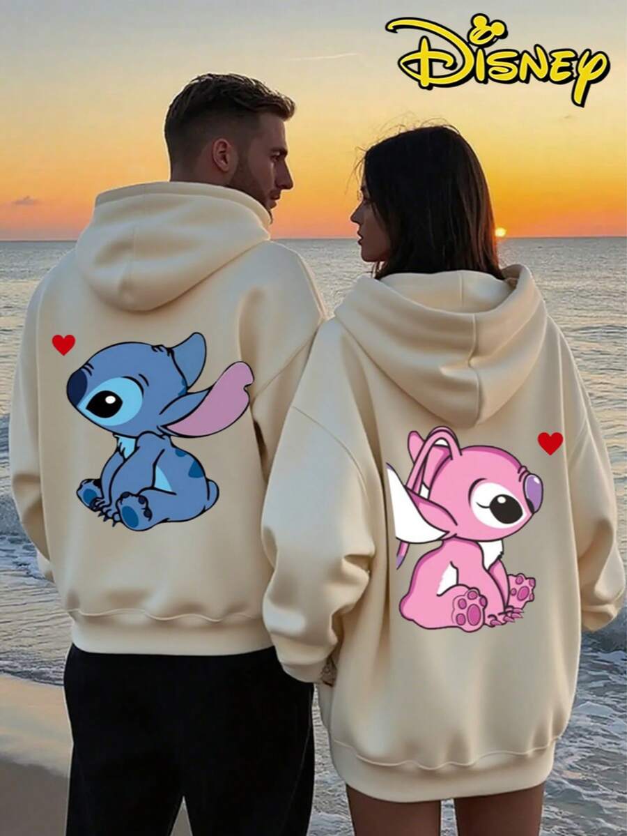 Couples Disney Lilo & Stitch Stitch And Angel Print Hooded Sweatshirt, Casual Loose Streetwear Hoodie, Sold As Single Piece 1pcs - Quả mơ dành cho nam giới - Xem 1