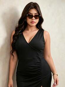 Vestido midi de talla grande con cuello en V y abertura lateral, tela de punto de unicolor, abertura alta en el muslo, uso casual para primavera & verano elegante negro - Negro - Ver 5