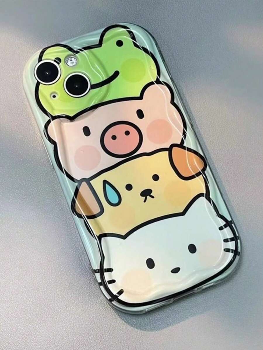 Antique White 3D Wavy Texture, Cartoon Frog, Pig, Dog, Cat Pattern, Suitable For 17Promax/16Promax/15Promax/17Pro/16/15/14/13/12/11 - Antique White - View 1