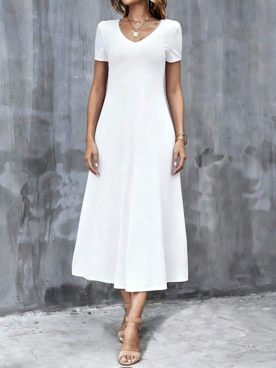 Women's White V Neck Short Sleeve A-Line Midi Dress With Pockets Beach Cover Up Graduation Bridal Flowy Sundress - White - View 1