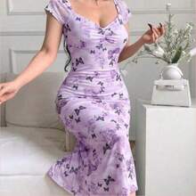 WNS  Vestido ajustado con estampado floral casual para mujeres, vestidos casuales para cumpleaños, ropa de mujer, vestidos de verano para el trabajo, vestido de graduación, vestidos elegantes para mujeres - Púrpura malva - Ver 1
