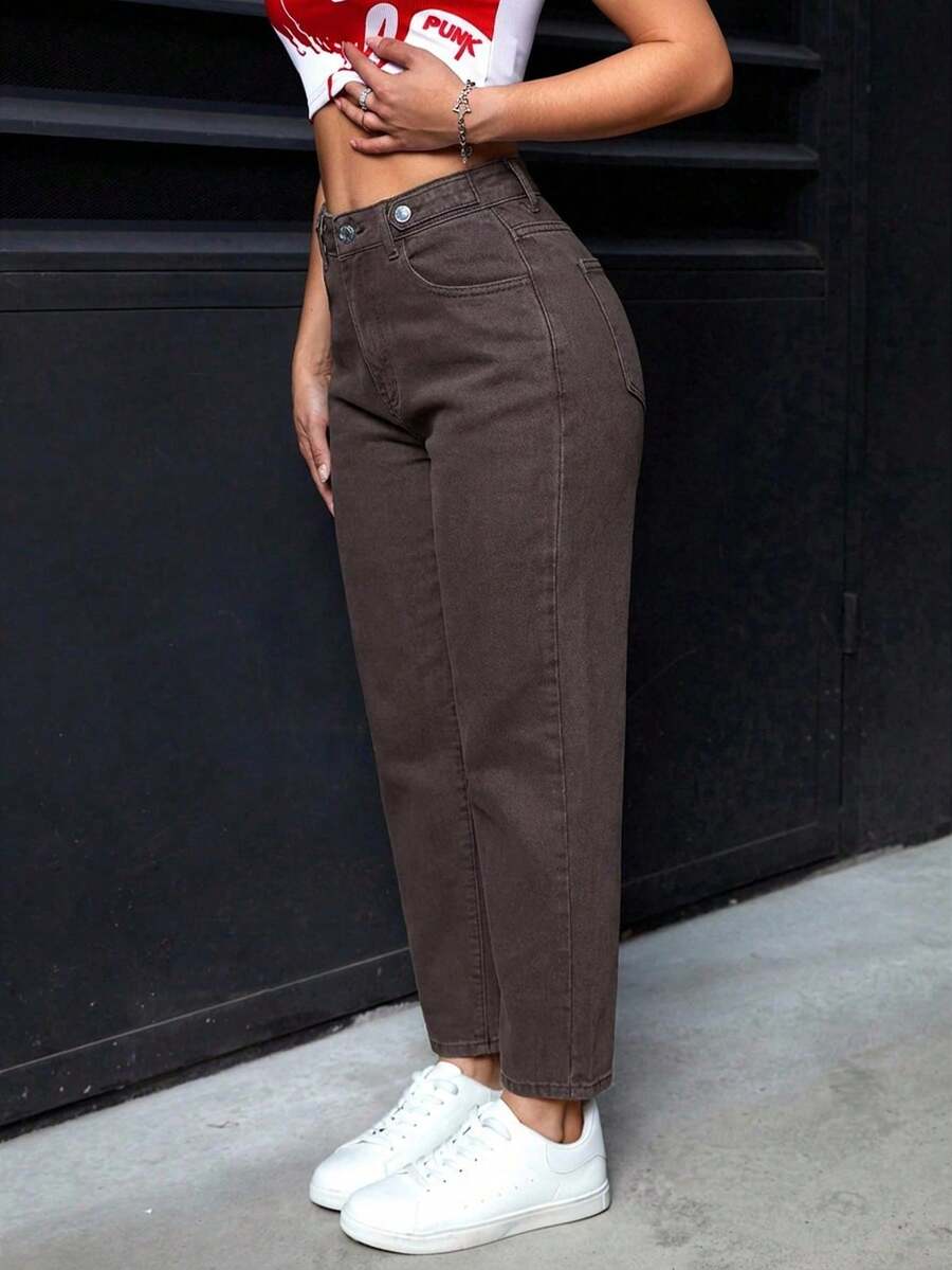 PETITE Pantalones vaqueros informales de mujer con bolsillos de forma cónica y multiusos - Café integral - Ver 1
